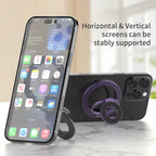 Two iPhones on a white marble surface showing MagSafe magnetic ring grip used as a kickstand in both orientations: black iPhone 14 Pro standing vertically in portrait mode showing iOS home screen with Calendar, Weather, and app icons, and dark purple iPhone 16 Pro lying horizontally in landscape mode with purple ring grip extended as kickstand, with text reading Horizontal and Vertical screens can be stably supported on beige background