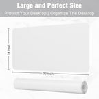 White desk mat with measurements on all sides with a white background