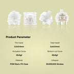 Epomaker Crystal Switch product specifications showing 35gf actuation force, 2.0mm pre-travel, 3.6mm total travel, POM stem and PC case, 50 million stroke lifespan