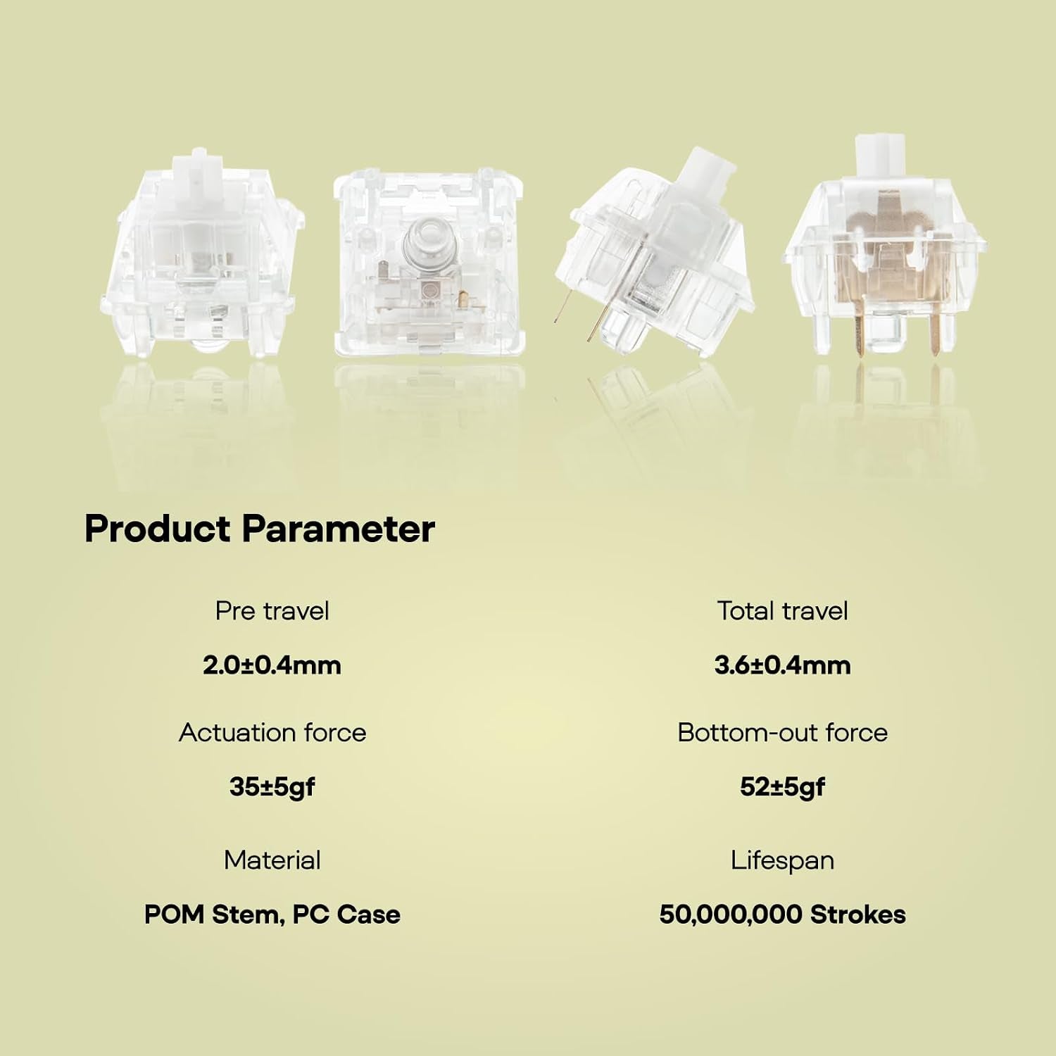 Epomaker Crystal Switch product specifications showing 35gf actuation force, 2.0mm pre-travel, 3.6mm total travel, POM stem and PC case, 50 million stroke lifespan