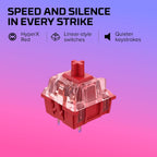 Close-up of HyperX red linear mechanical switch on purple and pink gradient background