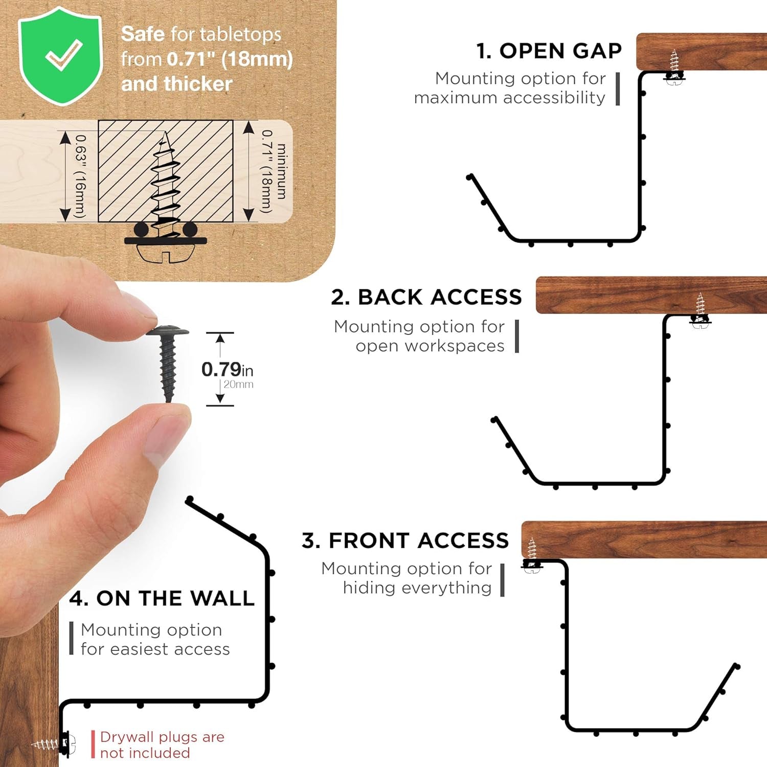 Diagram showing mounting options open gap, back access, front access, and on the wall - screw measurements included