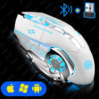 White gaming mouse with blue RGB lighting on a pure black background, with a blue Bluetooth icon and cyan USB receiver icon in the top right corner, and a blue pill badge showing Apple, Windows, and Android logos in the bottom left