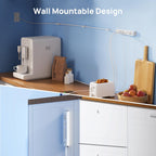 TROND surge protector wall mountable design shown in two configurations: horizontally mounted above a kitchen counter with espresso machine and toaster plugged in, and vertically mounted on a cabinet side panel
