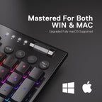 Close-up of Redragon K618 PRO top-right corner showing knurled metal volume/scroll knob, round media control buttons (volume mute, brightness, Cortana/Siri, Mac/Win toggle), LED status indicators, and RGB-backlit numpad keys, with text reading Mastered For Both WIN and MAC, Upgraded Fully macOS Supported, Windows and Apple logos