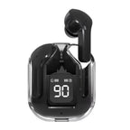 Wireless Bluetooth 5.3 earbuds under $15 in matte black with one earbud ejected from transparent LED charging case showing battery display reading 90, on white background