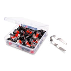 Box of 32 OUTEMU 3-Pin Red Linear Switches next to switch puller on a white background 