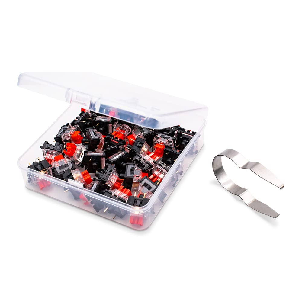 Box of 32 OUTEMU 3-Pin Red Linear Switches next to switch puller on a white background 