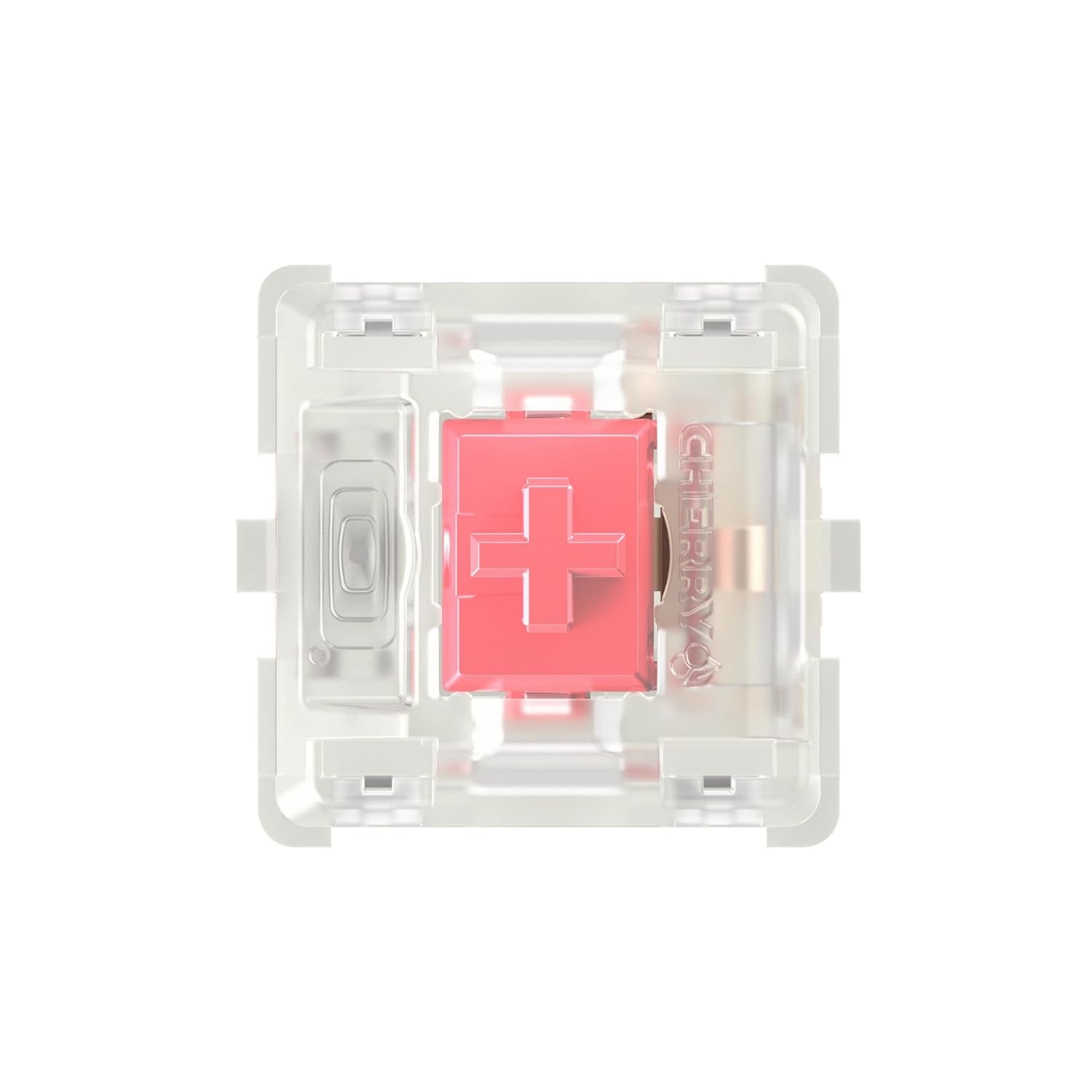 Keyboard switch with red actuator on a white background top-view