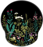 iDonzon round ergonomic mouse pad with gel wrist rest showing dark botanical garden flowers illustration featuring thistles, daisies, foxglove, white Queen Anne's lace, and wildflowers on black background, with transparent gel wrist cushion at bottom edge, on white background
