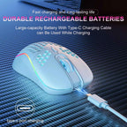 White honeycomb shell wireless gaming mouse with rainbow RGB lighting on a dark blue textured surface with a white USB-C charging cable magnetically connecting to the front port, with bold pink and white text at the top reading "DURABLE RECHARGEABLE BATTERIES" and a subtitle reading "Large-capacity Battery With Type-C Charging Cable can Be Used While Charging", and a circle icon in the bottom left labeled "type-c port charging"