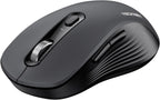 Dark gray quiet wireless mouse with silent click buttons, silver scroll wheel, and side grip ridges on white background