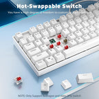Redragon K552P white TKL keyboard angled on a light blue surface with four keycaps removed exposing red Outemu switches on green PCB, three loose red switches and four white keycaps (S, G, Enter, spacebar) arranged below, with text reading Hot-Swappable Switch, NOTE: Only Support Redragon and Akko 3Pin Switch
