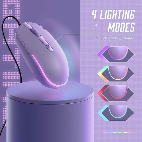 seenda purple wired mouse on a purple pedestal with four lighting mode swatches showing rainbow cycle, teal-yellow gradient, red-pink gradient, and cyan-blue gradient, with text reading 4 Lighting Modes Switch Lighting Modes