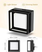 DORESshop black LED night light diagram showing light sensor and dimming switch callouts, with dimensions 60x60mm (2.36x2.36in) front and 50mm (1.97in) depth, front and side views