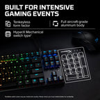 HyperX Alloy Origins Core - TKL Wired Mechanical Gaming Keyboard with RGB LED Backlights and measurements showing full-size vs TKL keyboard on dark background