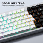 Side-printed PBT keycaps in white and black on a mechanical keyboard showing legends on the side of each key with RGB lighting