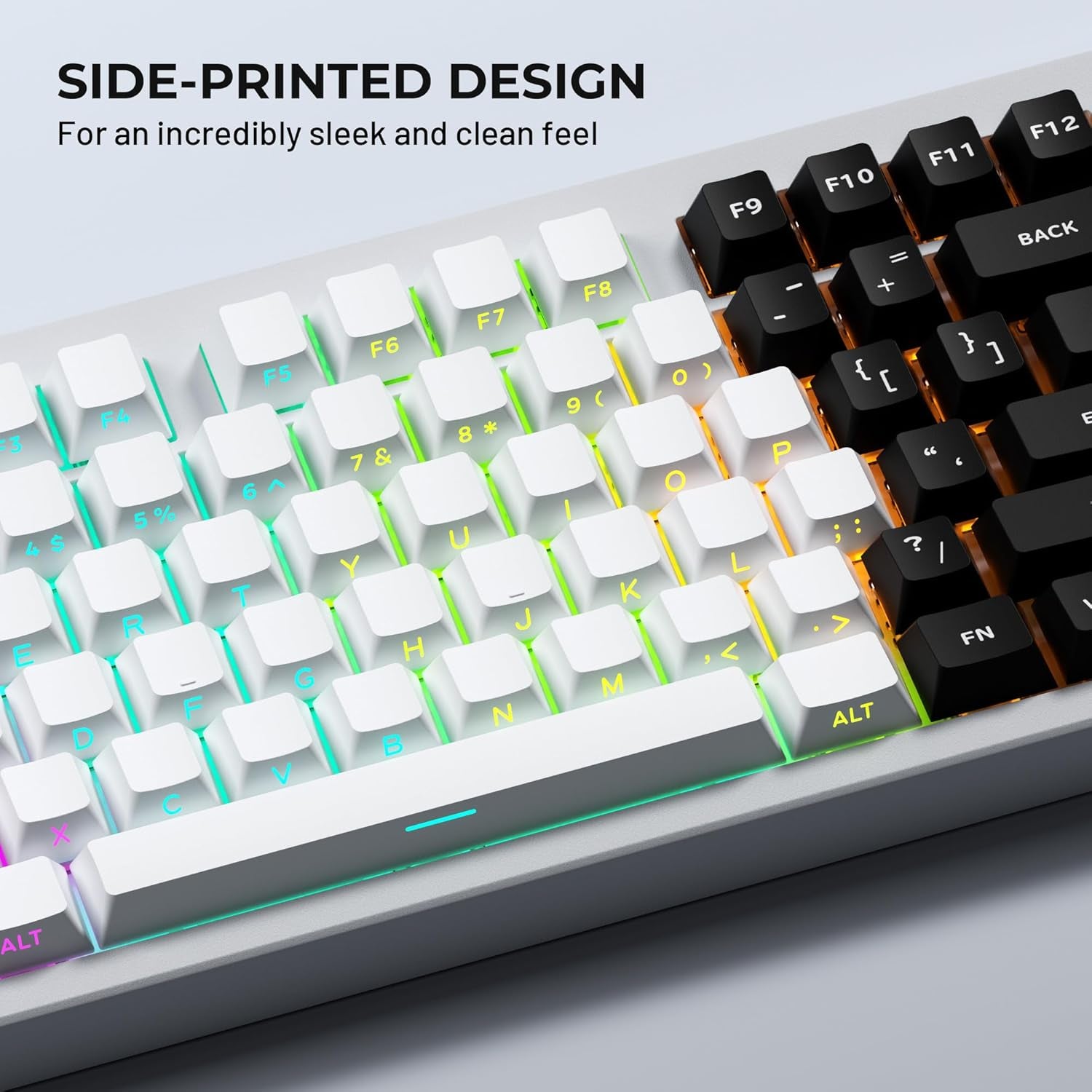 Side-printed PBT keycaps in white and black on a mechanical keyboard showing legends on the side of each key with RGB lighting