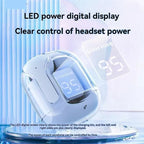 T6 TWS white transparent charging case front-facing view on blue and purple pastel gradient background showing LED digital battery display reading 95 with L and R individual earbud battery bar indicators, with holographic glowing display projection behind case, and text reading LED power digital display, Clear control of headset power, The LED digital screen clearly shows the power of the charging bin and the left and right sides are also clearly displayed, The power of each earphone can be controlled by ti