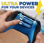 Hands holding a black and blue gaming controller with battery compartment open showing two POWERMAX AA Ultra Alkaline batteries installed, with text reading Ultra Power For Your Devices in yellow and dark blue with yellow lightning bolt graphic