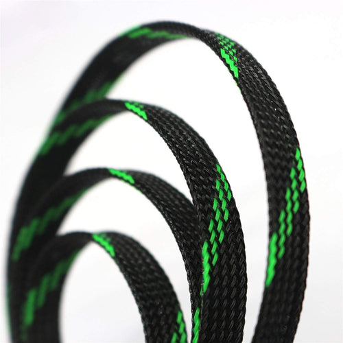 Expandable cable sleeve in green and black: 30ft PET braided wire management sleeve close-up showing woven texture
