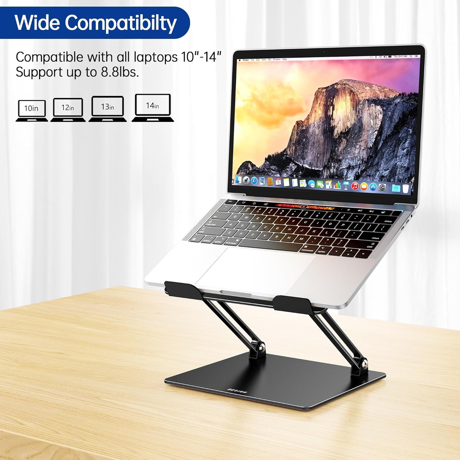 LS10 Aluminum Adjustable Laptop Stand compatible with all laptops 10"-14" and supports up to 8.8lbs