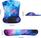 Wrist Rest and Mouse pad with galaxy designs with measurements from all sides on a white background