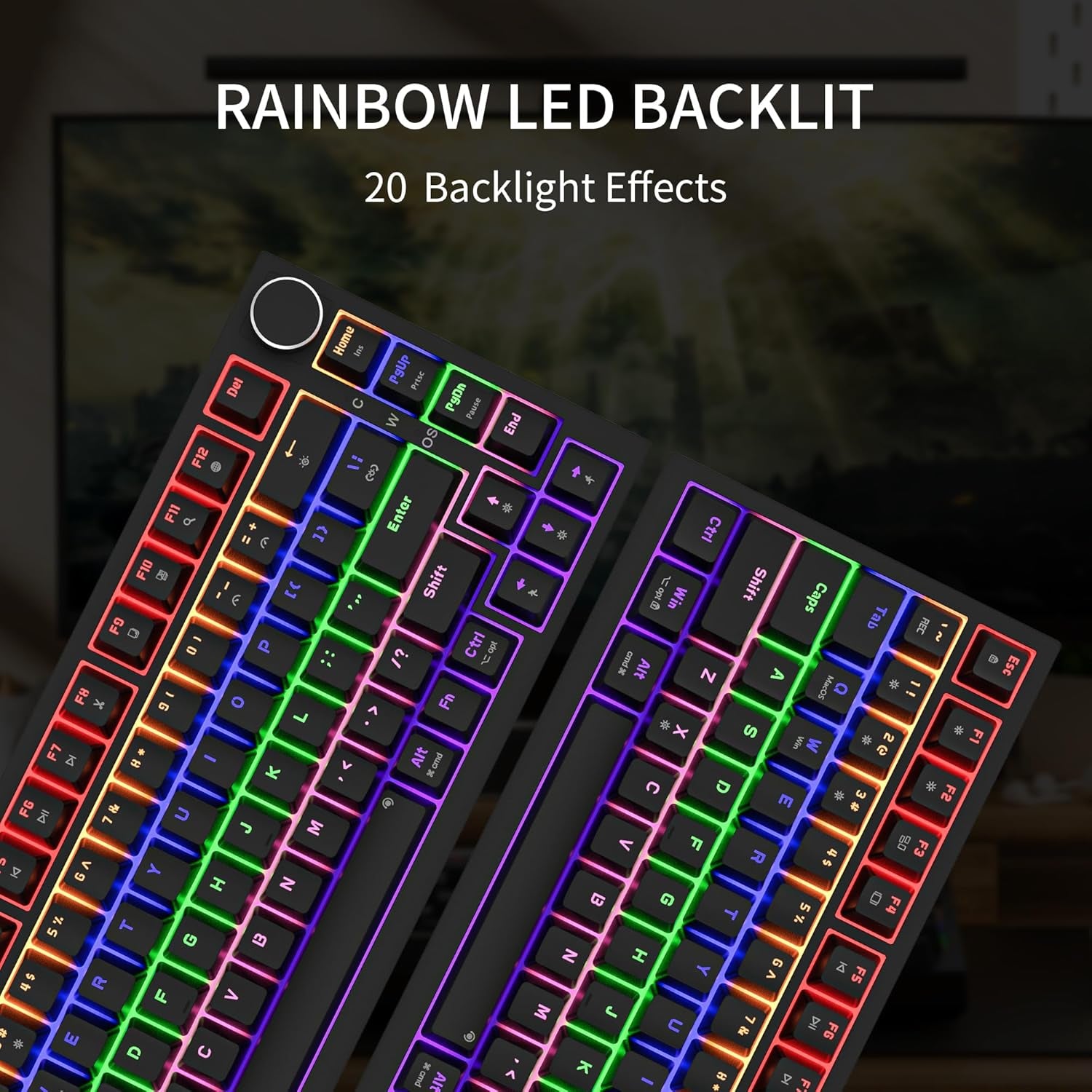GM326 keyboard showcasing rainbow LED backlight with 20 backlight effects, top-down view