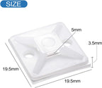 Size measurements from all sides of an adhesive cable clip on a white background