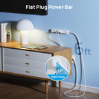 TROND white power strip mounted to wall above a wooden credenza with lamp and phone charging, showing 6ft cord length label and inset diagram of 45-degree right angle flat plug design