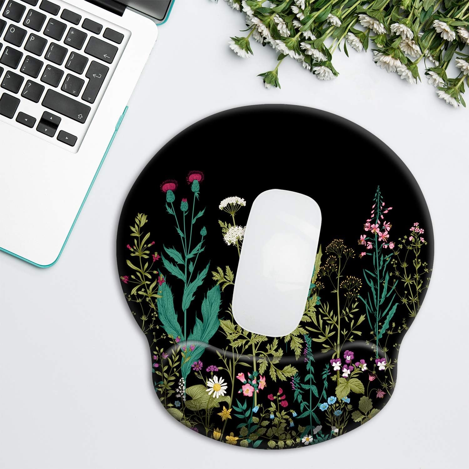 Ergonomic Mouse Pad with Wrist Support Gel [30% Larger], Cute Soft Wrist Rest Pad with Non-Slip Rubber Base, Easy Typing & Pain Relief - Garden Flowers