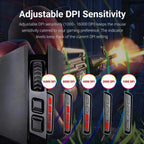 Redragon M801 Wireless Gaming mouse with adjustable DPI and sensitivity indicator via LED lights on a dynamic gaming screen background