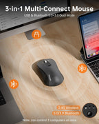 TECKNET wireless mouse on a wooden desk surrounded by three orange connectivity icons showing USB 2.4G wireless receiver, Bluetooth 5.0 (BT1), and Bluetooth 3.0 (BT2), with monitor and iPad in background and text reading 3-in-1 Multi-Connect Mouse, USB and Bluetooth 5.0+3.0 Dual Mode, can control 3 computers at once