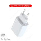 White 30W USB-C wall charger with EU two-round-pin plug shown at a three-quarter angle on white background, single USB-C port on front face, rounded cube form factor, with red pill badge at top reading EU 30W Type-C Charger and EU outlet diagram badge in lower left reading For EU Plug
