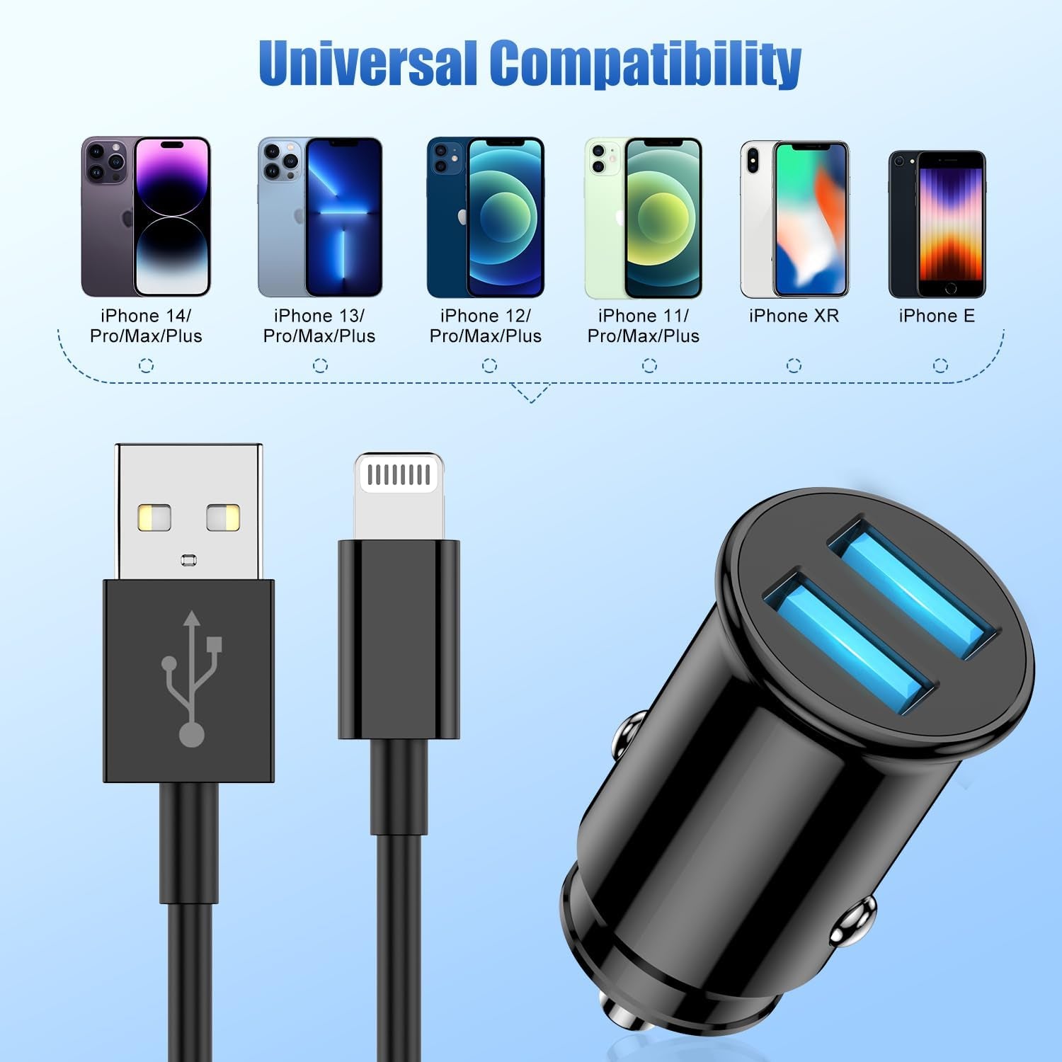 Iphone Car Charger Apple Certified, USB a Fast Car Charging Cable for Iphone 14 Pro Max/14/13 Pro/13/12 Mini/11 Pro/Xs/X/8 Plus/7/6/5S/Se, Dual Port USB Adapter Cigarette Lighter and Lightning Cord
