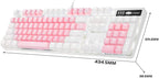 MageGee Pink & White mechanical keyboard with measurements from all sides on a white background