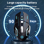 Black gaming mouse with blue RGB lighting on a dark blue background inside a glowing cyan speedometer graphic, with bold white text reading "Large capacity battery — 90 days on a single charge" and the number 90 and word Days flanking the mouse