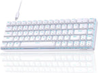 White keyboard with teal LED backlighting and Type-C cable on white background