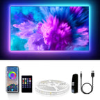 LED strip light kit with smartphone, remote, power adapter, and cable displayed below a colorful LED screen on a white & black background