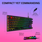 HyperX Alloy Origins Core - TKL Wired Mechanical Gaming Keyboard with RGB LED Backlights with measurements on all sides on purple and pink gradient background