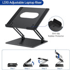 LS10 Aluminum Laptop Riser with anti-slip rubber protector, step by step opening guide