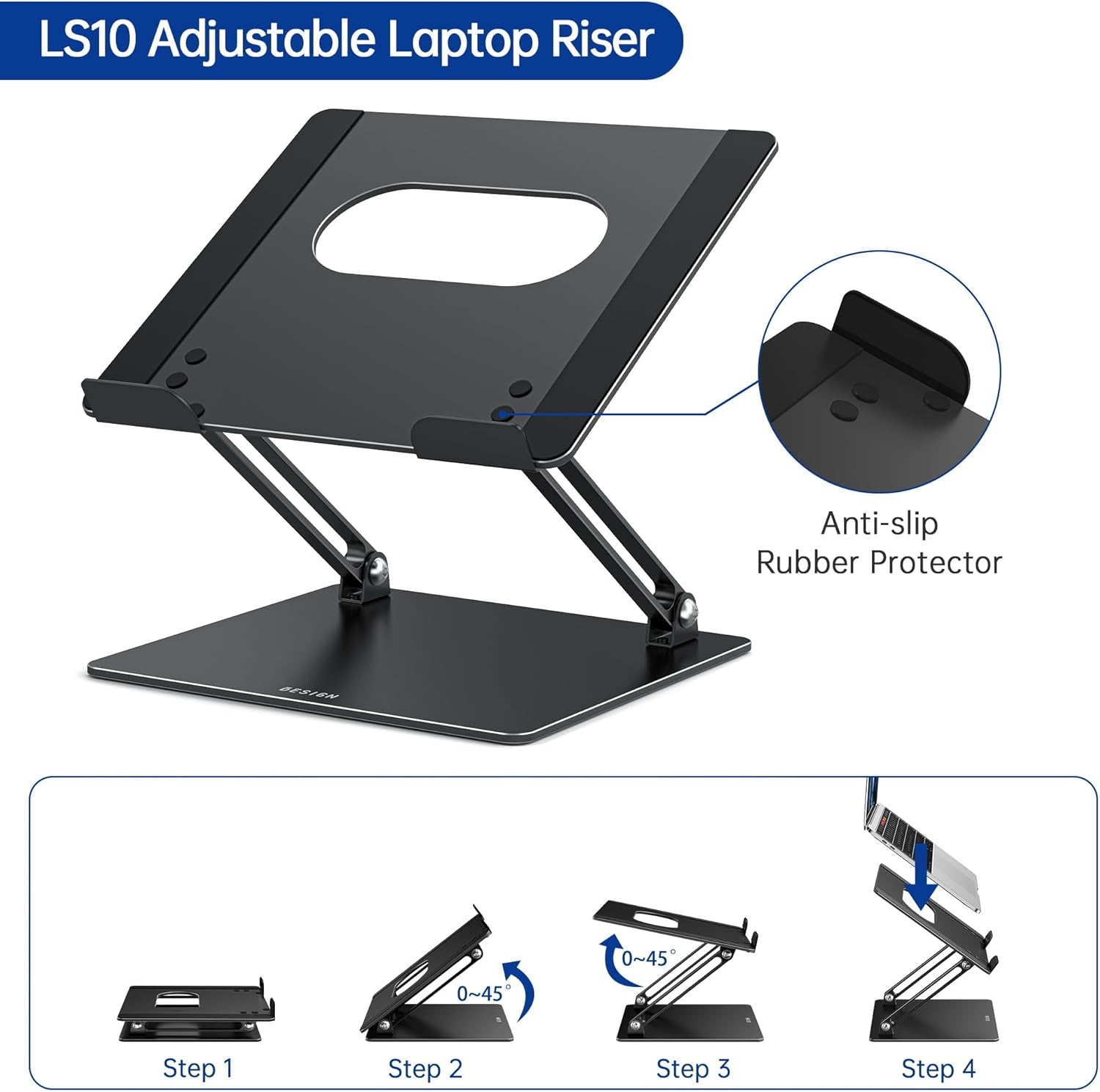 LS10 Aluminum Laptop Riser with anti-slip rubber protector, step by step opening guide