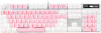 MageGee clicky keyboard for typing: full size White & Pink mechanical keyboard with blue switches on a white background