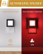 DORESshop red night light dusk to dawn sensor diagram showing automatic off in daylight and on in darkness