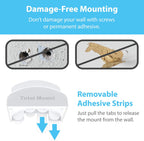 Damage-Free Mounting infographic showing two crossed-out images: a screw hole in drywall and permanent adhesive residue on a wall, with a white TotalMount hook body shown from below revealing three removable adhesive strip tabs with blue downward arrows, and text reading Removable Adhesive Strips, Just pull the tabs to release the mount from the wall