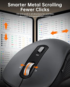 TECKNET mouse close-up of silver metal scroll wheel with orange directional arrows showing 4-way tilt scrolling — up, down, left, right — with text reading Smarter Metal Scrolling Fewer Clicks, tilt and scroll in all directions for seamless document and spreadsheet control