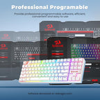 Redragon K552P white TKL keyboard with rainbow RGB backlighting floating in front of multiple overlapping Redragon software windows showing Profile1, Profile2, Profile3 selection, Key Setting panel, Macro Setting panel, and RGB color customization with keyboard preview, with text reading Professional Programmable, Provide professional programmable software, efficient, convenient and easy to use, Software download on redragon.com