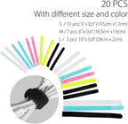 20-Pack of cable ties with different sizes and colors and measurements for each size on a white background