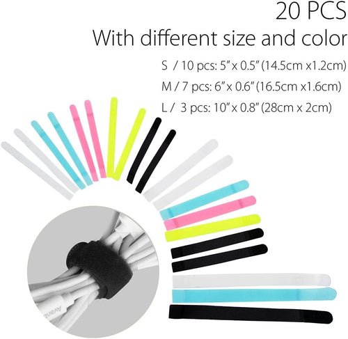 20-Pack of cable ties with different sizes and colors and measurements for each size on a white background