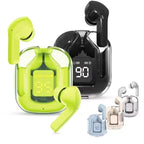 T6 TWS wireless Bluetooth earbuds shown in five color variants on white background: neon green transparent case with green earbuds in foreground, black transparent case with black earbuds behind, and three smaller variants in bottom right showing light blue, white, and beige colorways, all with LED digital battery display on front of case
